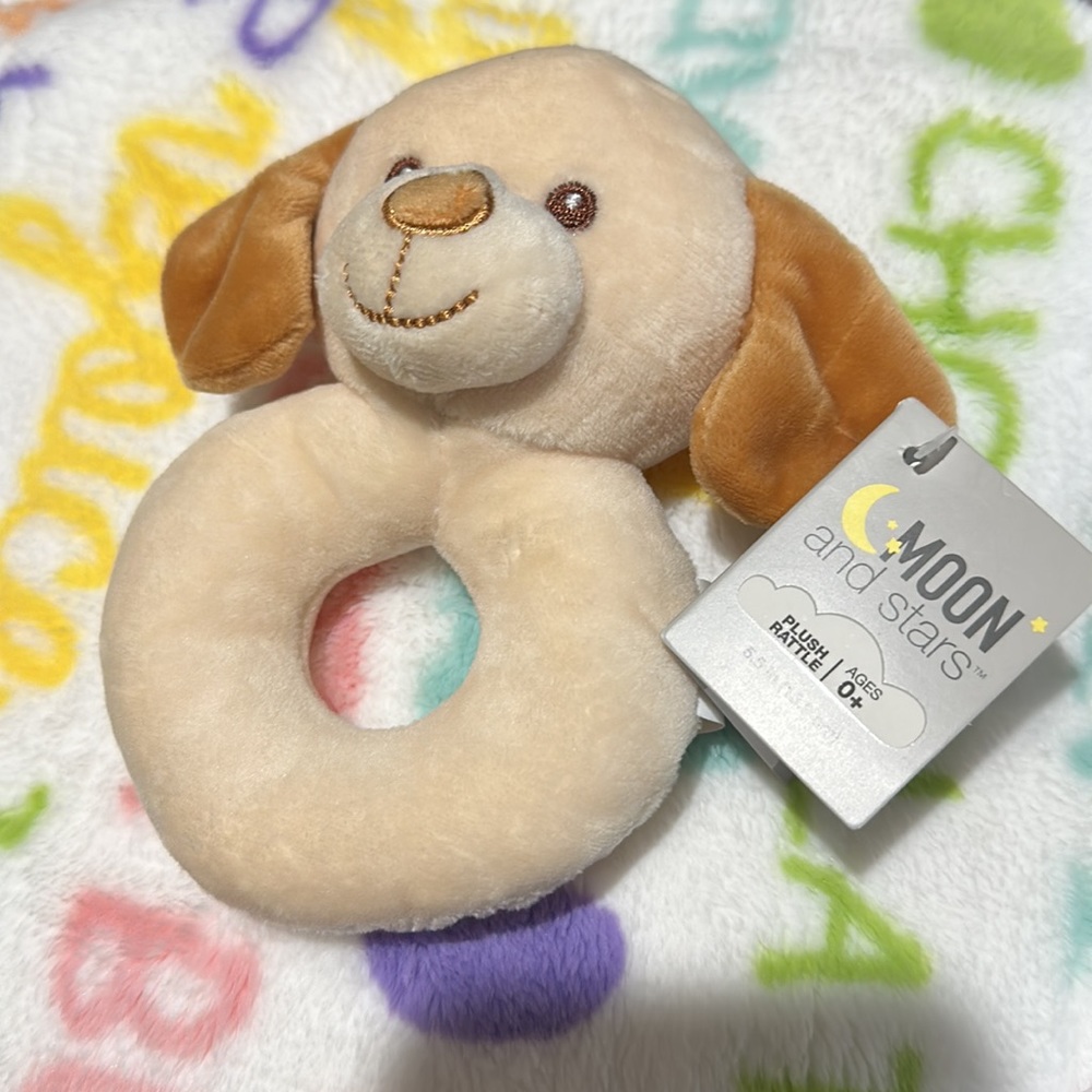 6" Moon and Stars Yellow Bear Plush Hand Rattle